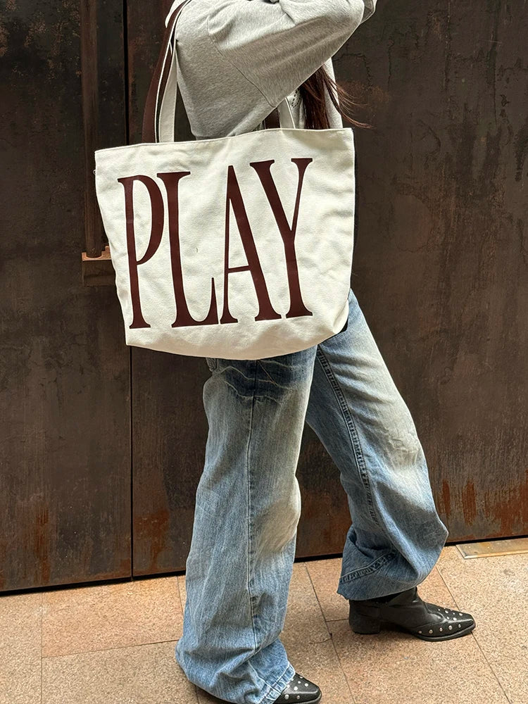 Off White Large Canvas Tote Bag with Bold Maroon "PLAY" Print for Women