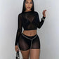 Wild See Through 2 Piece Set Women Sexy Turtleneck Full Sleeve Crop T-Shirt+Bike Shorts Midnight Street Club Suits