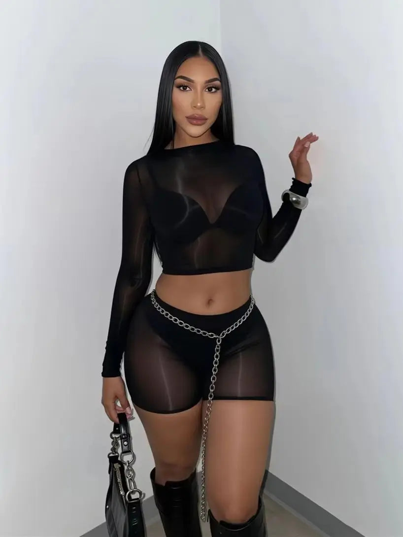 Wild See Through 2 Piece Set Women Sexy Turtleneck Full Sleeve Crop T-Shirt+Bike Shorts Midnight Street Club Suits
