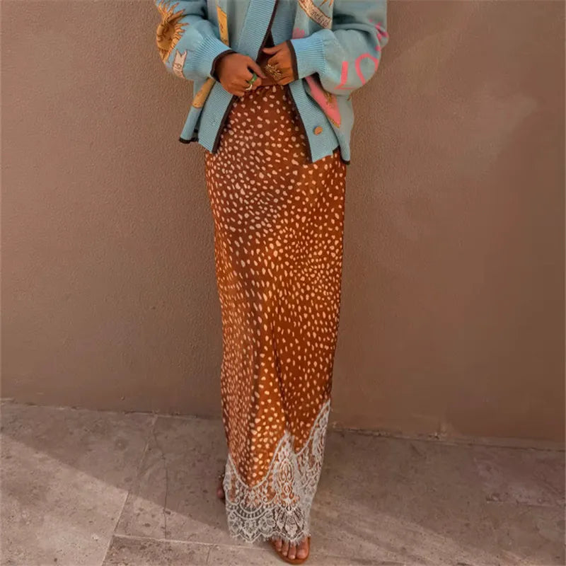 Vintage Floral Print Bodycon Long Skirt Women Polka Dot Lace Spliced Hem High Waist Mermaid Midi Skirt Casual Beachwear