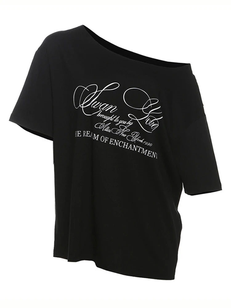 Slanted Dhoulders Woman T-shirt Letter Print Basic Casual Relax Soft Street Basic Classic Fashionable Slim Chic Tees