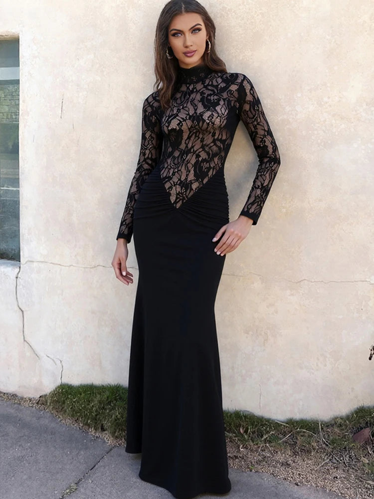 Lace Patchwork Maxi Dress Women Turtleneck Full Sleeve Skinny Folds Zipper Sexy Midnight Fashion Prom Party Chic Vestidos