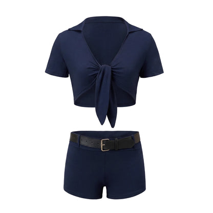 Women Prisoner Cosplay Costume 2 Piece Set Short Sleeve Tie Front Crop Top Mini Shorts With Belt Party Outfit