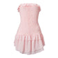 Women Strapless Lace Corset Bodycon Mini Dress Ruffle Trim Layered Irregular Chiffon Hem Back Zipper Party Club Dress