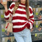 Women Striped Fuzzy Knit Sweater Crew Neck Long Sleeve Oversized Pullover Y2K Vintage Casual Fall Winter Knit Top