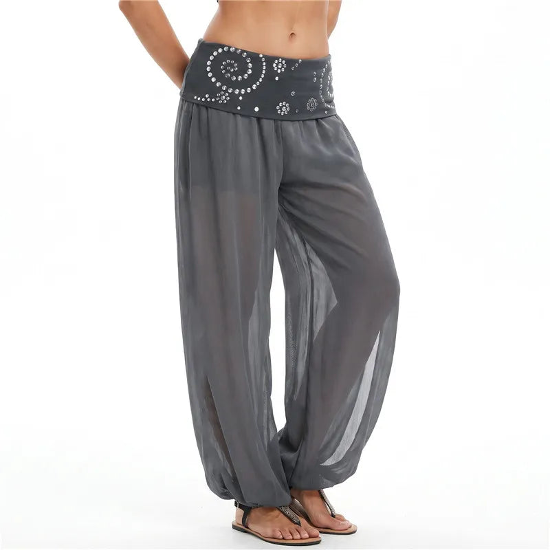 Sheer Mesh Harem Pants for Women with Rhinestone Waistband Low Waist Loose See-Through Beach Cover Up Trousers