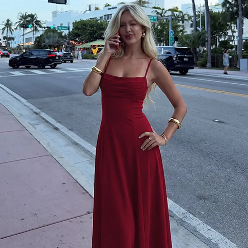 Spaghetti Strap A-line Midi Dress with Draped Neckline Elegant Brown Dresses for Woman 2026
