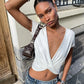 Deep V Neck Short Sleeve Crop Tops Twist-front Wrap Design White Tshirt Woman Clothes Summer 2026
