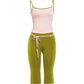 Sweet Hottie 2 Piece Set Women Simple Low-Neck Line-Patchwork Tank Top+Bandages Bow Capri Pants Fashion Street Suits