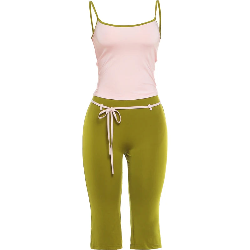 Sweet Hottie 2 Piece Set Women Simple Low-Neck Line-Patchwork Tank Top+Bandages Bow Capri Pants Fashion Street Suits