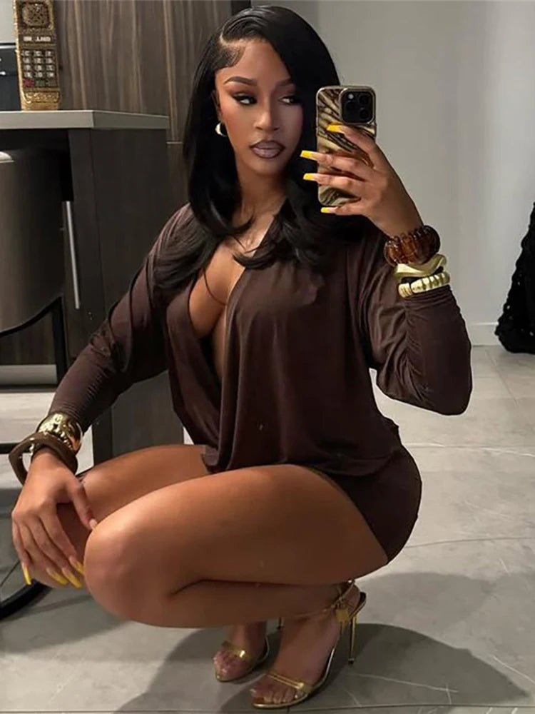 Elegant Deep V-Neck Dress Women Autumn Basic Full Sleeve Stretch Midnight Street Clubwear Party Activity Mini Bodycon