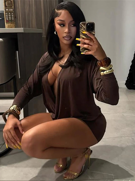 Elegant Deep V-Neck Dress Women Autumn Basic Full Sleeve Stretch Midnight Street Clubwear Party Activity Mini Bodycon