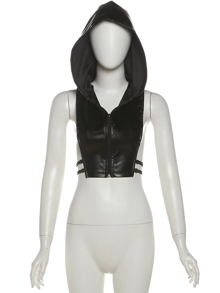 PU Hooded Tank Tops Women Y2K Side Split Sexy Hipster Zip Bandages Leather Hipster Streetwear Wild Basic Summer Vest