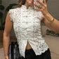 Lace Sleeveless Top Women Mandarin Collar Cap Sleeve Hollow Floral Lace Shirt Frog Buttons Slim Cropped Split Front Tops