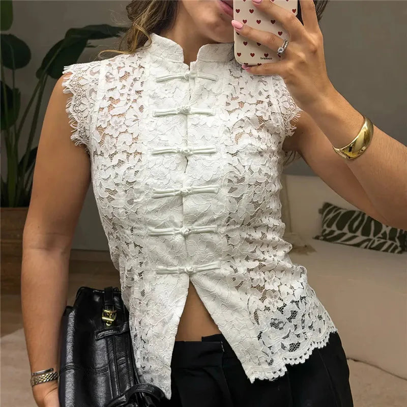 Lace Sleeveless Top Women Mandarin Collar Cap Sleeve Hollow Floral Lace Shirt Frog Buttons Slim Cropped Split Front Tops