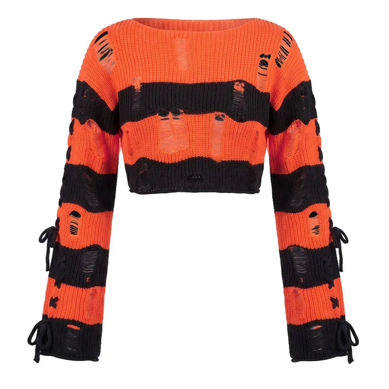 Y2K Punk Distressed Striped Crop Knit Sweater Women Cross Lace Up Side Long Sleeve Ripped Hole Gothic Streetwear Top