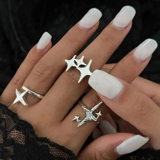 3 Pcs/set Vintage Irregular Cross Star Open Ring Women Men Punk Sliver Color Adjustable Couple Ring Y2K Jewelry Gift