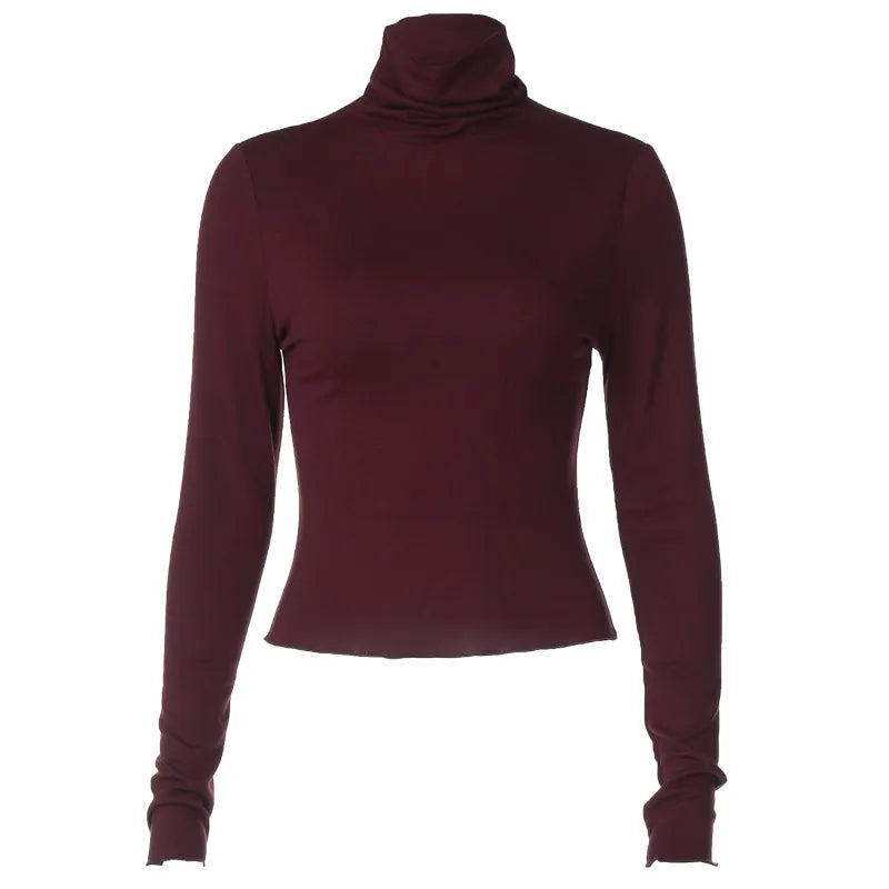 Turtleneck Long Sleeve Tees Basic Solid Color Fitted T Shirts Fall Winter Tops for Woman Clothes