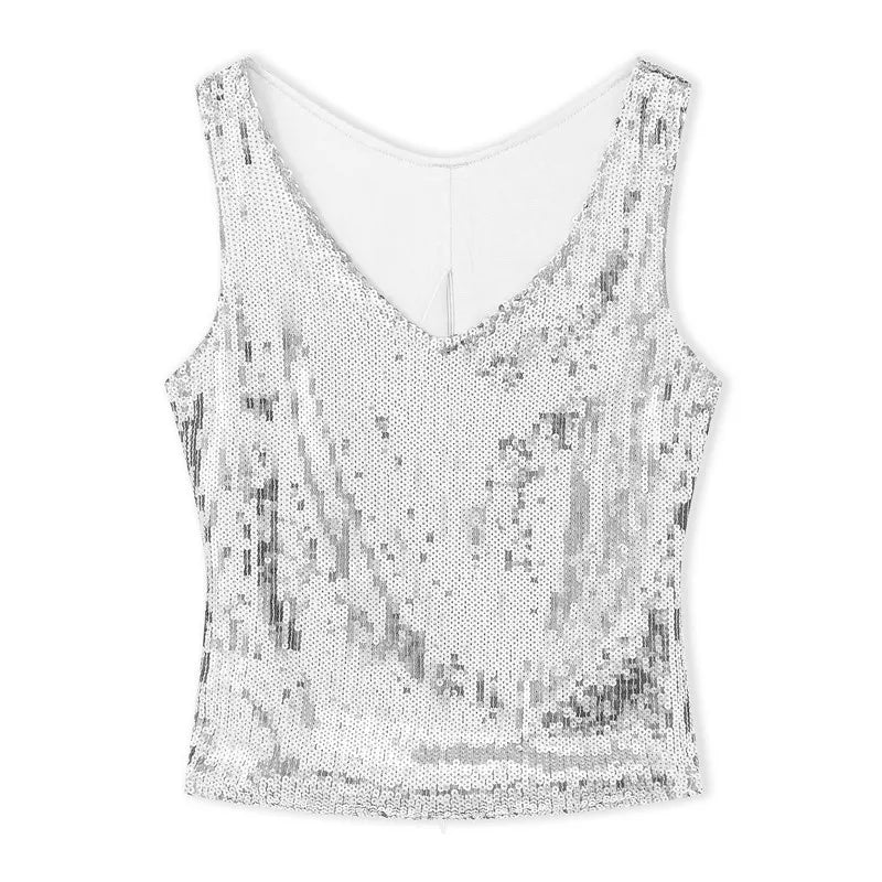 Y2K Glitter Shiny Sleeveless Shirt Vest Sequin Sparkle V Neck Tank Tops Women Slim Fitted Crop Top Festival Rave Clothes