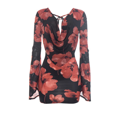 Mesh Patchwork Mini Dress Woman Floral Print Swing Collar Lace-Up Backless Full Sleeve High Street Elegant Bodycon