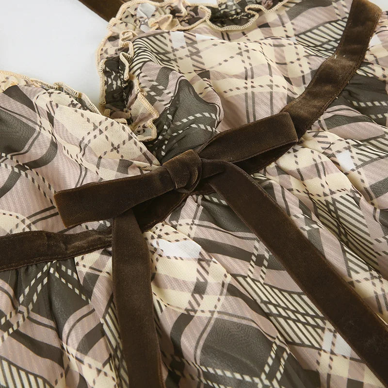 Brown Plaid Tank Tops for Women Gyaru Japanese 2000s Y2k Summer Bow Frill V Neck Backless Top Cute Clothing