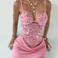 Mesh Patchwork Sling Dress Woman Sexy Shiny Sequin Low-Neck Backless Skinny Peach Hip Midnight Club Party Bodycon