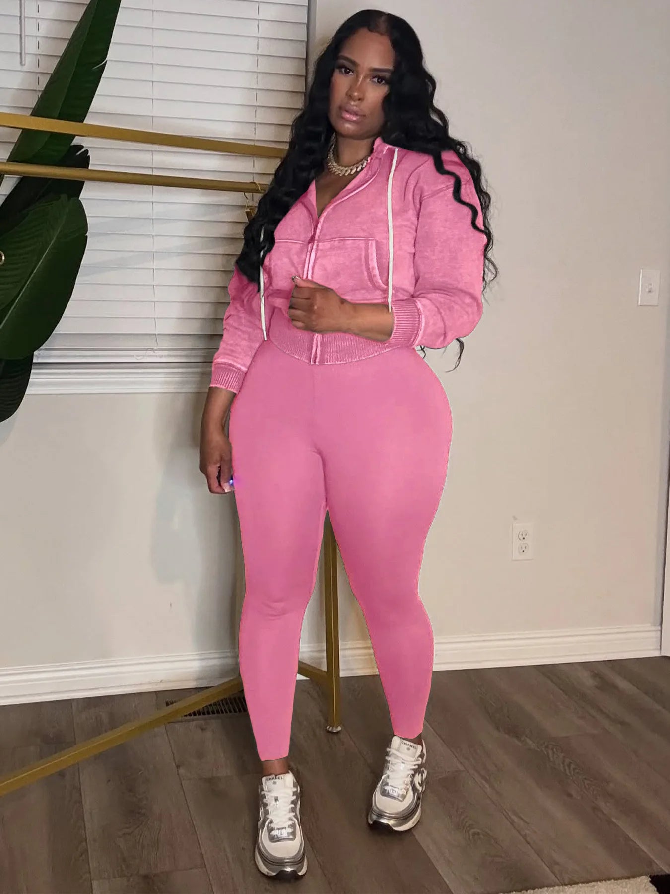 Autumn Trend 2Piece Set Woman Drawstring Simple Washed Style Hooded Jacket+Solid Yoga Pants Daily Casual Sporty Tracksuit