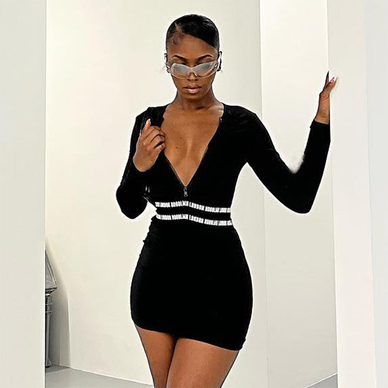 Letter Print Black Bodycon Dress Fall 2023 Stylish Clothes for Women Sexy Zipper Long Sleeve Mini Dresses