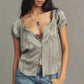 Women Cute Babydoll Lace Trim Satin Shirt Y2k Puff Sleeve Crewneck Button Front Relax Fit Baby Tee Summer Going Out Top