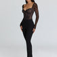 Lace Long Sleeve Backless Sexy Bodysuit Women Tops Black Square Collar Skinny Bodysuits T-shirt Club Party Bodysuit