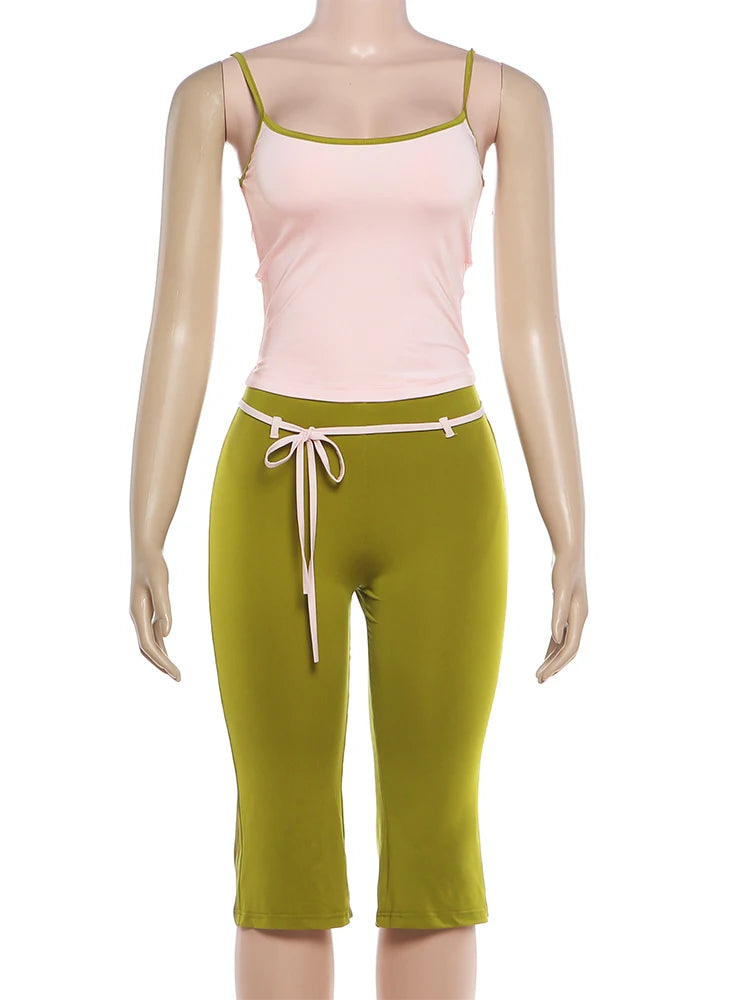 Summer Trend 2 Piece Set Women Sweet Hottie Low-Neck Line-Patchwork Tank Top+Bandages Bow Capri Pants Simple Street Suits