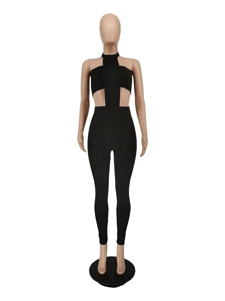Sexy Backless 2 Piece Set Women Stretch Tube Top+Skinny Halter Jumpsuit Fitness Street Matching Party Club Overalls