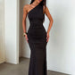 One Shoulder Backless Sexy Maxi Dress Women Elegant Sleeveless Ruched Waist Bodycon Evening Club Party Long Dress