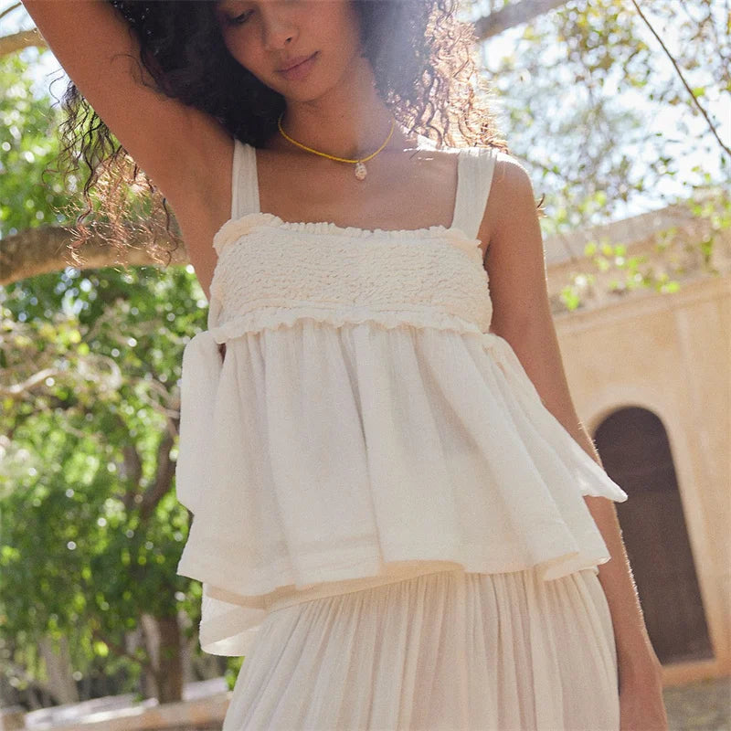 Boho Smocked Ruffle Crop Cami Solid Color Adjustable Tie Back Spaghetti Strap Loose Summer Beach Vacation Tank Top