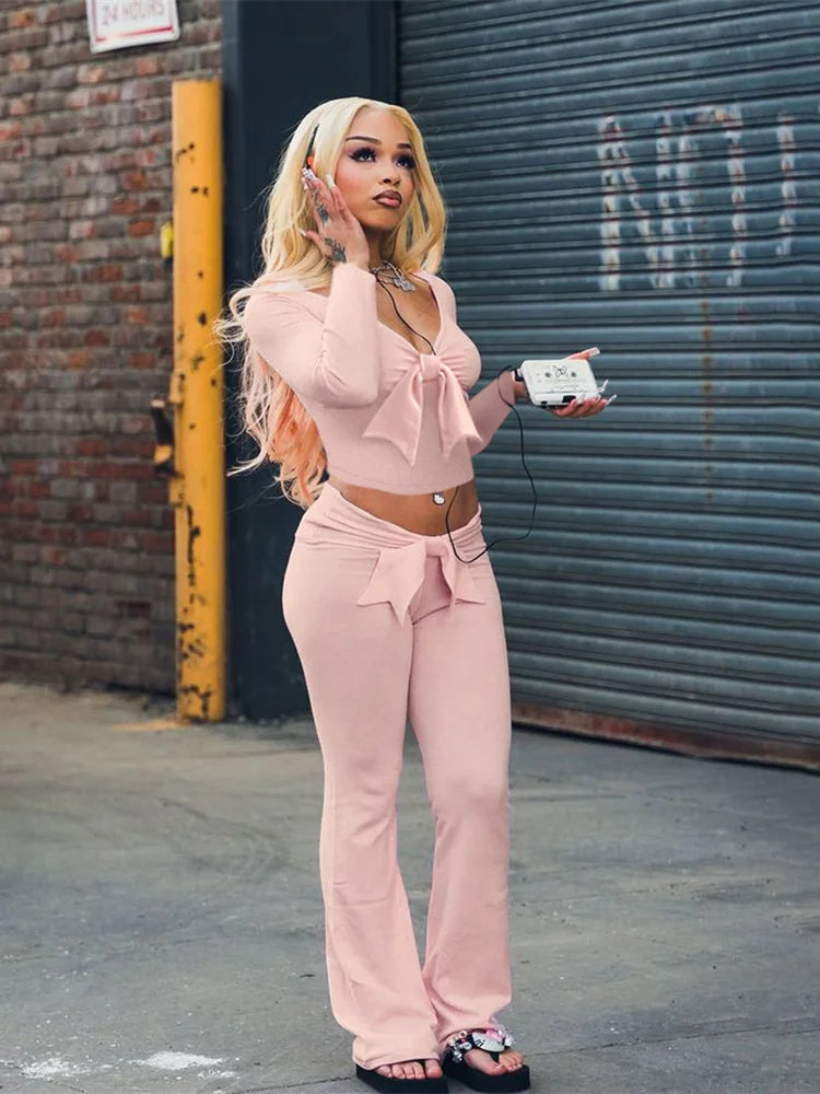 Autumn New Trend Women 2 Piece Set Tracksuit Bow Crop Tops+Flare Pants Matching Streetwear Simple Casual Stretch Outfits