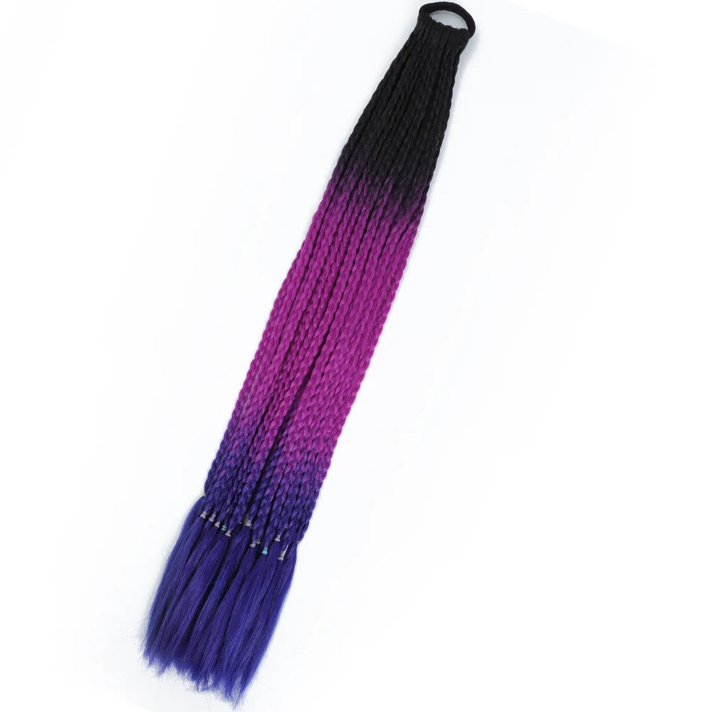 Synthetic 24inch Girls Colored Box Braided Ponytail With Elastic Rubber Band Hair Extensions Rainbow Color Box Pigtail Hairpiece