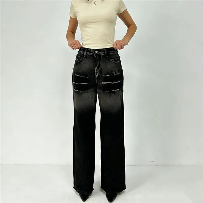 Women Water Washed Denim Pants Low Rise Retro Gradient Loose Straight Leg Jeans with Pockets Vintage Streetwear