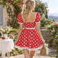 Women Polka Dot Fancy Dress Red Puff Sleeve Lace Edge Mini Dress Back Bow Carnival Party Cosplay Costume