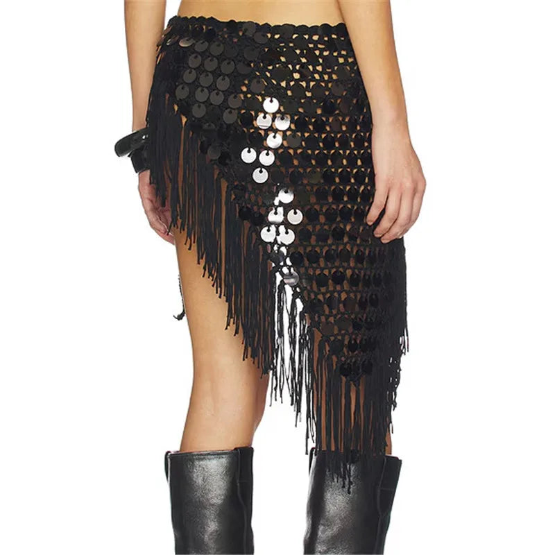Women Boho Handmade Crochet Sequin Fringe Wrap Skirt Asymmetrical Tassel Beach Cover Up Summer Festival Streetwear