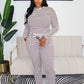 Striped Print 2 Piece Set Women Trend Hooded Full Sleeve T-Shirt+Drawstring Pants Fashion Casuals Street Sporty Suits