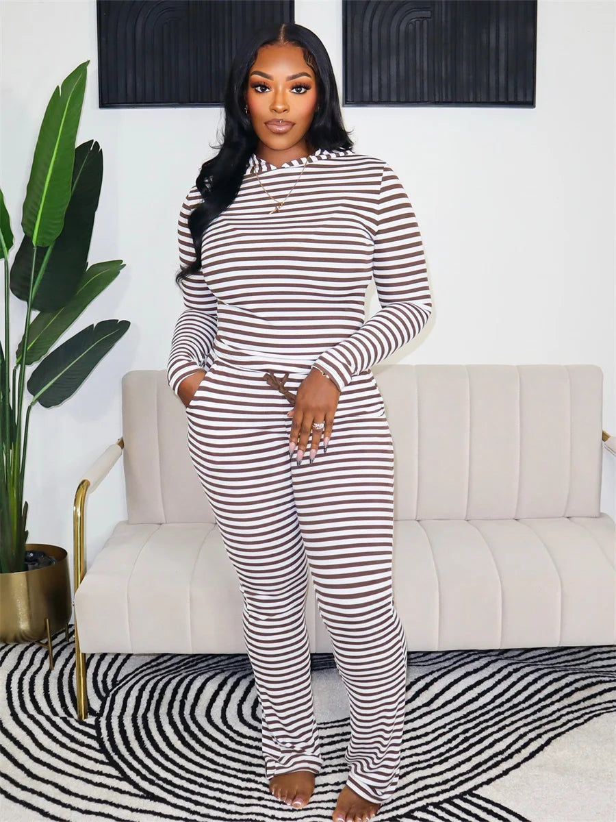 Striped Print 2 Piece Set Women Trend Hooded Full Sleeve T-Shirt+Drawstring Pants Fashion Casuals Street Sporty Suits