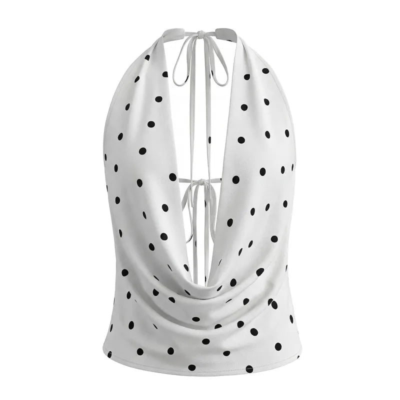 Women’s Satin Halter Tank Tops Summer Fashionable Dot Print Cowl Neck Backless Going Out Vest Party Club Rave Outfit