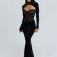 Long Sleeve Backless Sexy Maxi Dress Women Gown Elegant Lace Print Off-shoulder High Waist Ruched Bodycon Club Dresses