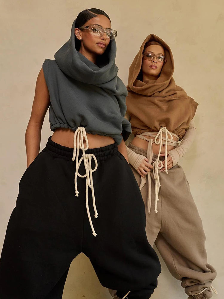 Hooded Pullover Tank Top Women Hipster Casual Simple Wild Basic Streetwear Autumn Fashion Shirring Skinny Slim Vest