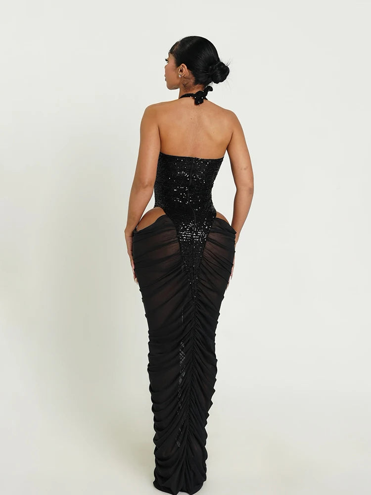 Halter Backless Dress Women Hollow Sequin Patchwork Sexy Zip V-Neck Sleeveless Elegant Birthday Party Club Vestidos