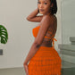 Crochet 2 Piece Set Woman Sexy Beach Vacation Backless Bandage Halter Camisole+Tassel Skirts Party Matching Clubwear