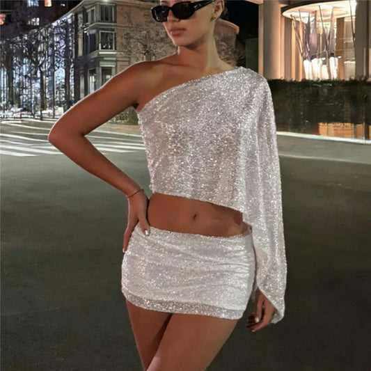 Women Summer 2 Pieces Sequined Outfits Set Shiny Sparkle Off Shoulder Sheer See Thru Cape Tops + Short Mini Pencil Skirt