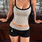 Leopard Print 2-Piece Set Women Low-Neck Backless Camisole+Patchwork Elastic Waist Short Street Classic Daily Suit
