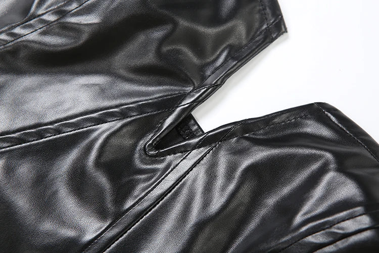 Sexy Punk Pu 2-Piece Set Women Irregular Corset Top+Skinny Zip Shorts Matching Simple Hottie High Street Hipster Clubwear