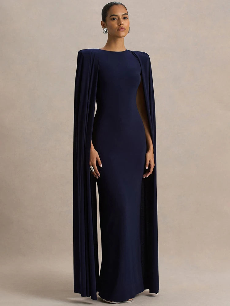 Cape Sleeve Sexy Maxi Dress Women Gown Elegant Fashion Zipper O Neck High Waist Split Club Party Long Dresses Female
